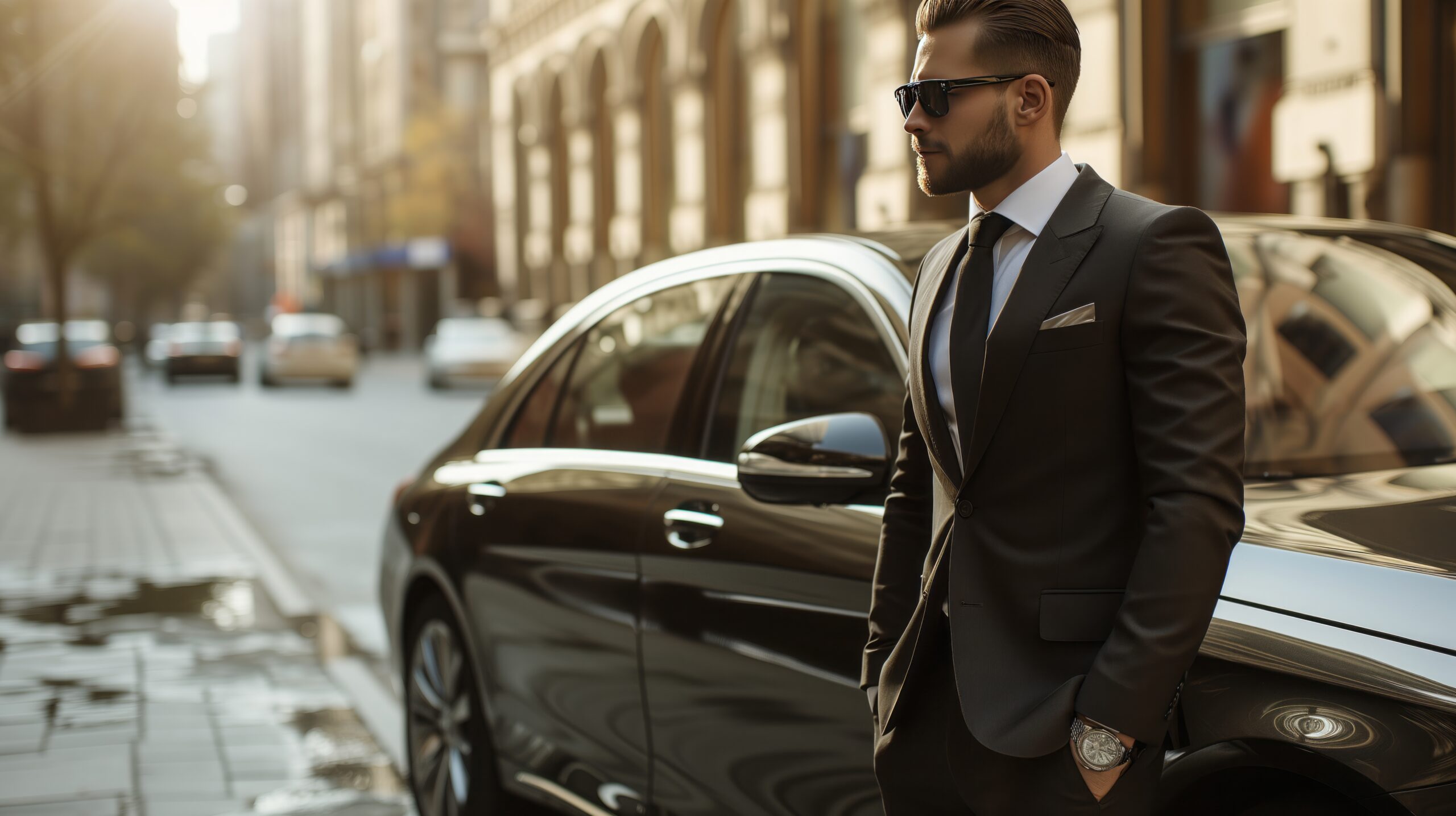 Handsome young man in suit and sunglasses standing near his luxury car on the street